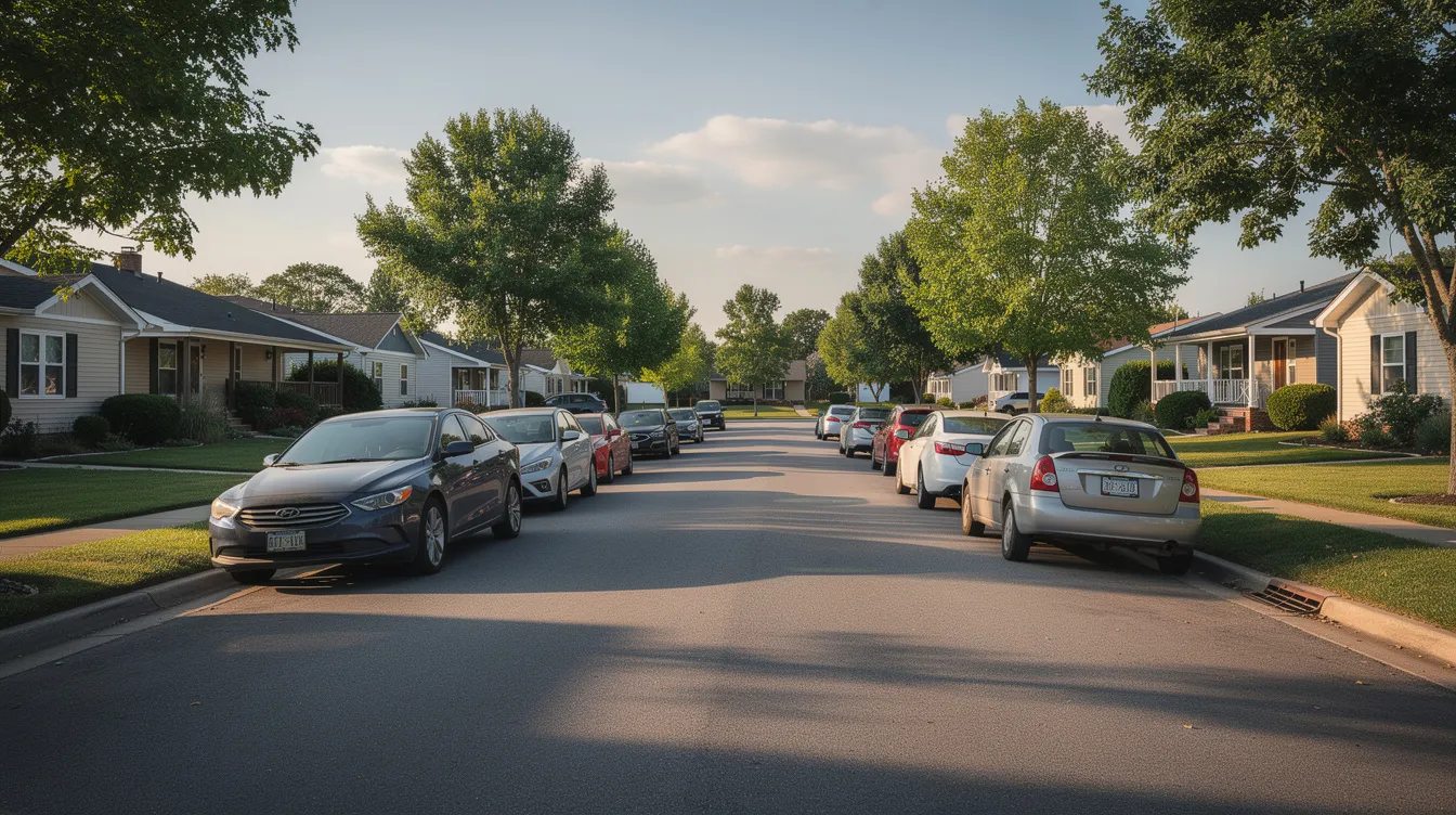 The image depicts a quiet suburban street lined with parked cars along the curb, suggesting a peaceful residential area. Such a scene could be the site of a minor car accident, where drivers are reminded of their legal obligations to provide reasonable assistance and exchange information in the event of an incident involving injuries or property damage.