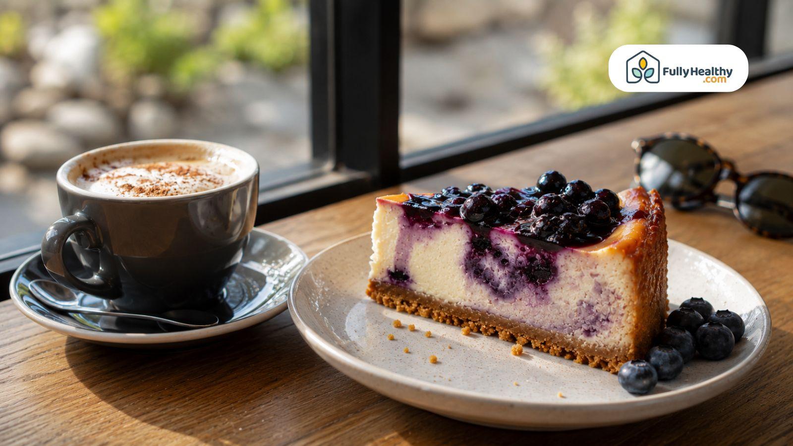 Blueberry cheesecake slice with fresh berries beside a cup of coffee.