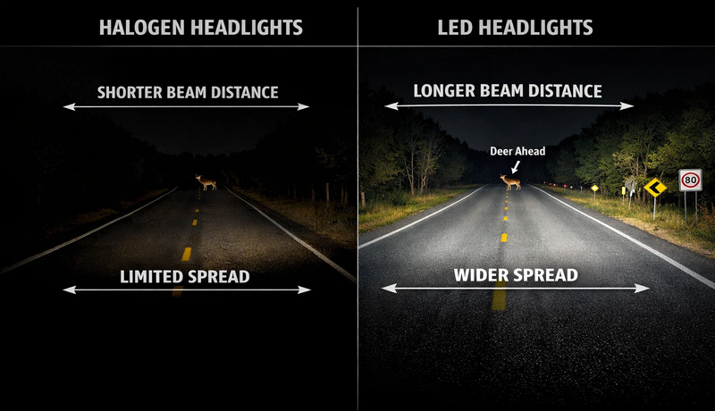LED headlight beam distance and brightness compared to halogen