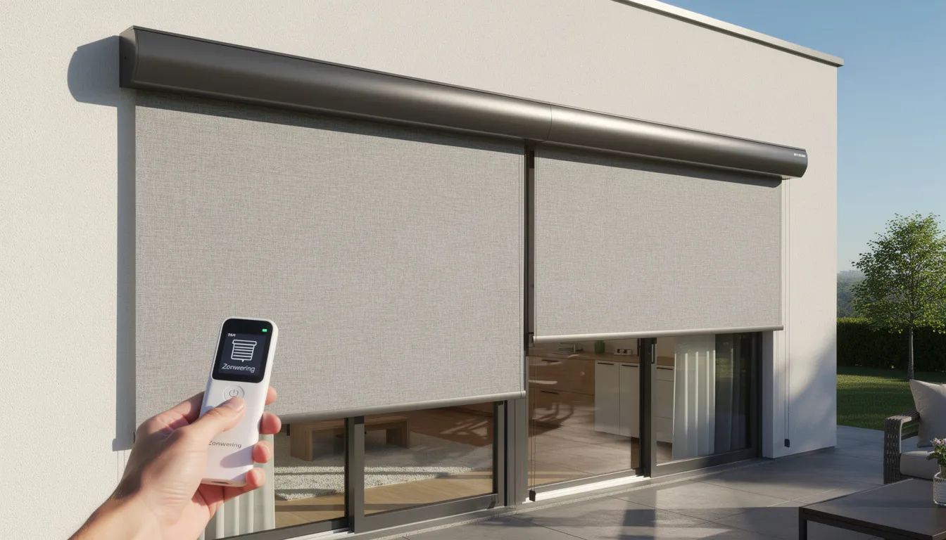 De afbeelding toont een elektrische zonwering die aan de buitenkant van een raam is gemonteerd. Het zonwerend doek biedt effectieve zonwering en zorgt voor een aangenaam binnenklimaat door de felle zon te weren en extra schaduw te creëren.