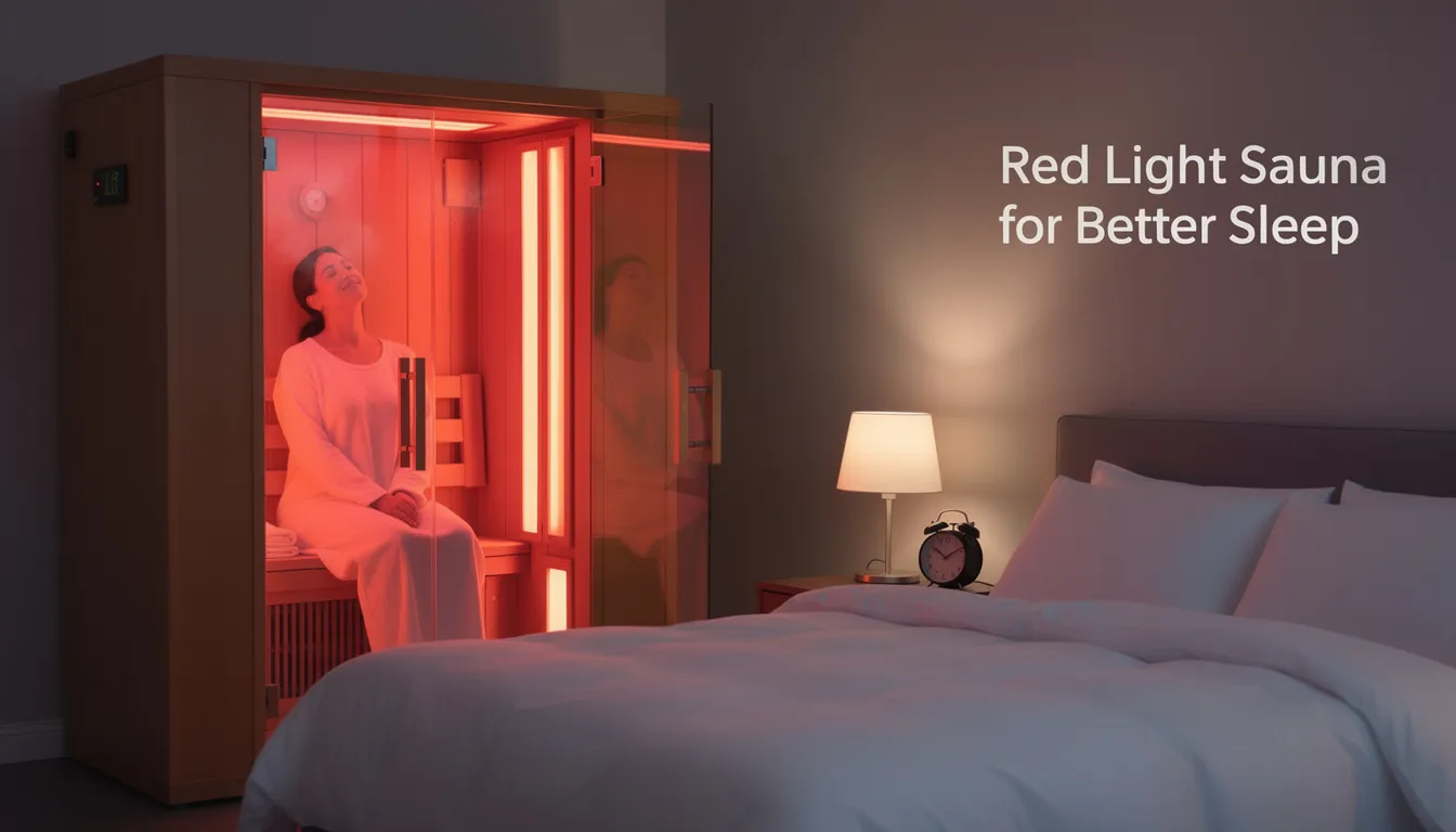 The image depicts a cozy red light sauna designed for better sleep and relaxation, featuring sleek infrared heating panels that emit near infrared light for enhanced health benefits. This modern sauna setup promises a soothing environment to promote stress relief and improved circulation, making it an ideal addition to a daily wellness routine.