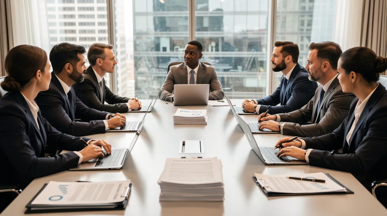 The image depicts a professional meeting at a conference table where attorneys and clients are engaged in discussion, surrounded by documents and laptops. This setting highlights the collaborative efforts in construction law, focusing on construction disputes and contract claims within the construction industry.
