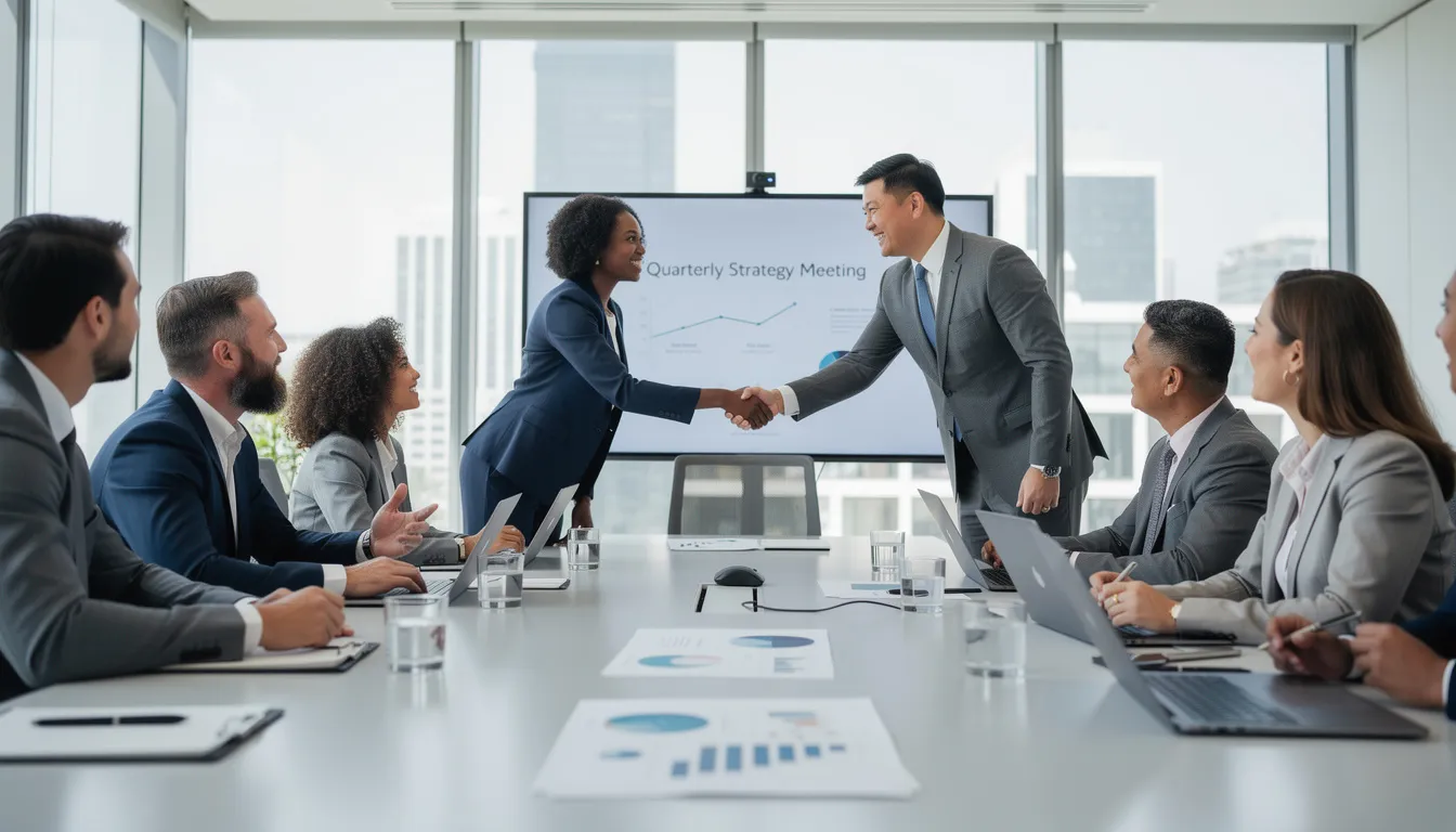 The image depicts a diverse group of business professionals shaking hands across a conference table, symbolizing collaboration and partnership in the global economy. This scene highlights the importance of international markets and regulatory compliance, as these professionals engage in discussions that may involve foreign investment and corporate governance.