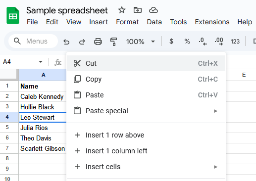 A screenshot of a Google Sheets spreadsheet with the right-click menu open.