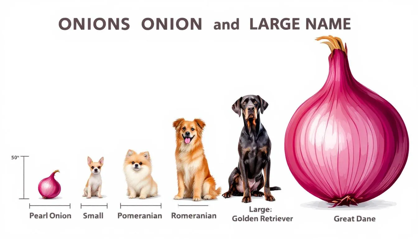 A comparison chart displays various sized onions alongside different dog breeds for scale, highlighting the potential dangers of onion toxicity in dogs. It visually emphasizes that onions, including raw and cooked varieties, are toxic to dogs and can lead to serious health issues like hemolytic anemia.
