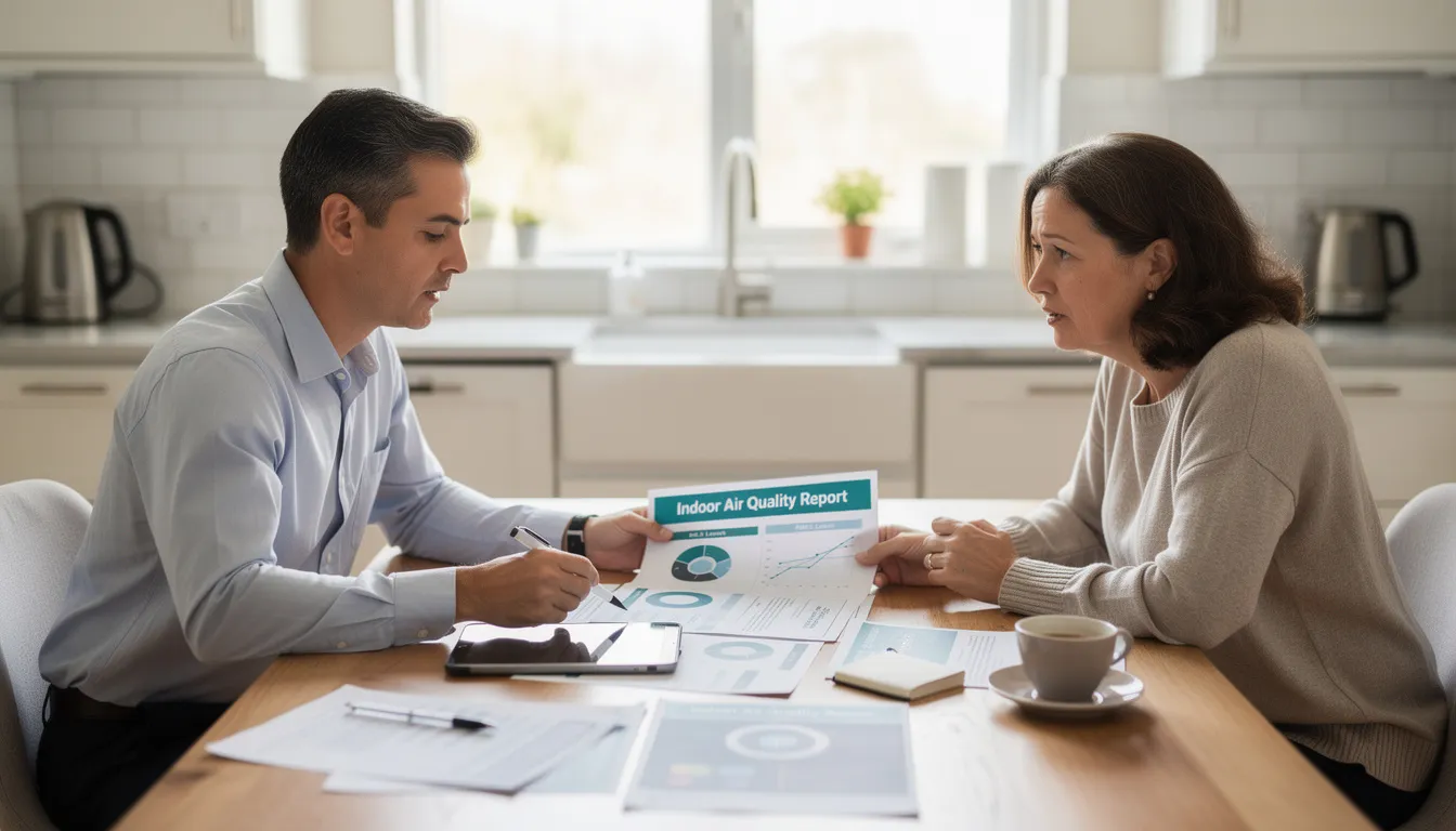 A professional is seated at a kitchen table with a homeowner, reviewing indoor air quality report documents that detail the home's air quality testing results. The discussion likely covers potential indoor air quality issues, such as mold growth and pollutants, while exploring effective solutions to improve indoor air quality for better health and well-being.
