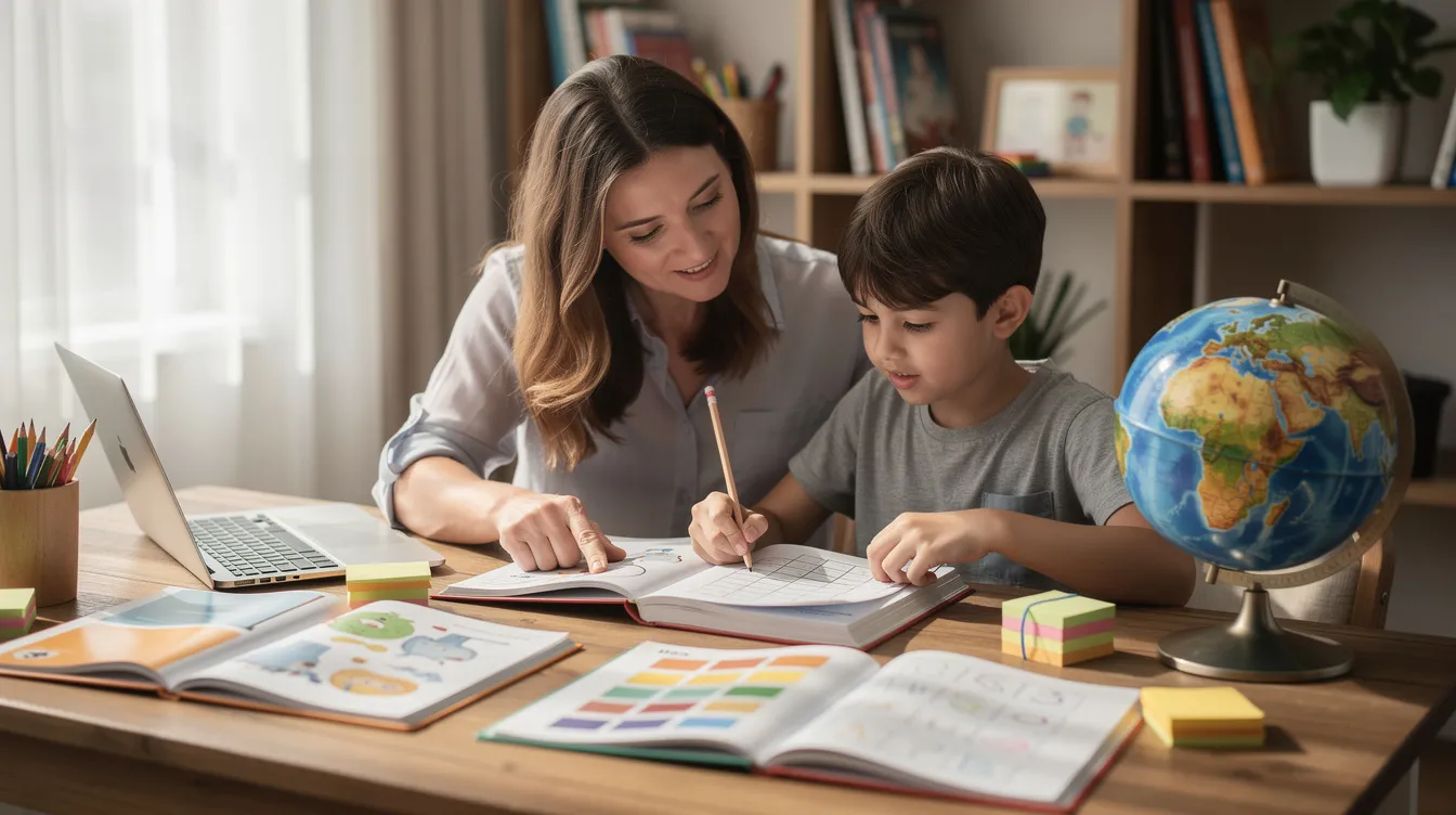 A parent and child are sitting together at a desk, engaged in learning activities with various educational materials spread out in front of them. They are collaborating to support the child's understanding and progress in school subjects, demonstrating the importance of parental involvement in enhancing children's learning and cognitive development.