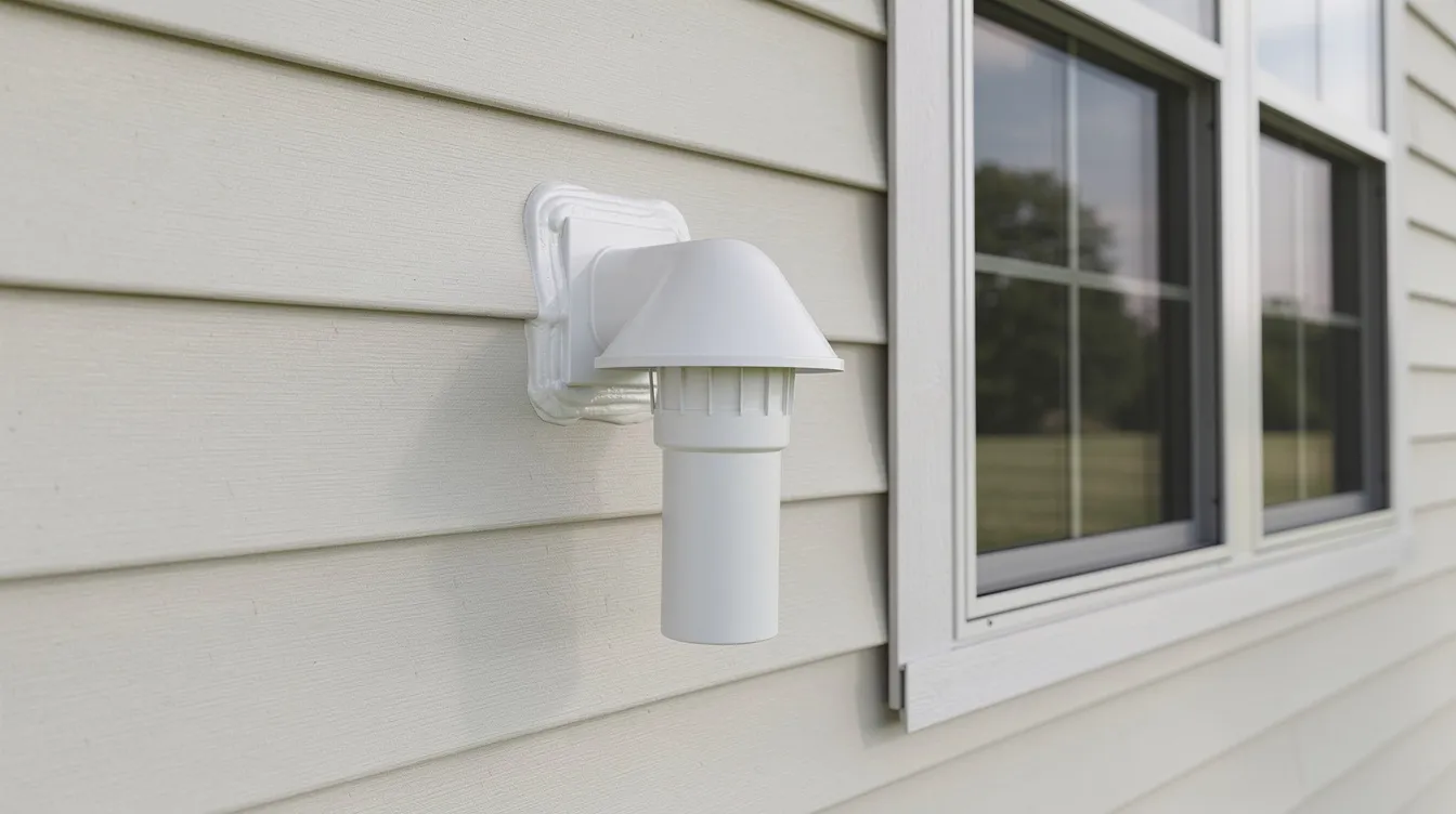 The image shows the exterior of a house featuring a clean PVC vent termination installed on a siding wall, ensuring proper clearances from a nearby window. This setup is essential for the safe operation of a tankless gas water heater, adhering to local codes and venting requirements.