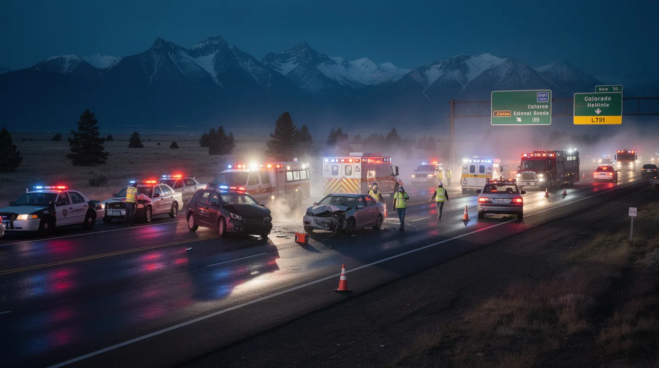 The image depicts a Colorado highway scene with emergency vehicles, including police cars and ambulances, responding to a car accident involving a collision. Flashing lights illuminate the area, highlighting the seriousness of the situation as first responders attend to car accident victims and assess the scene for further investigation.