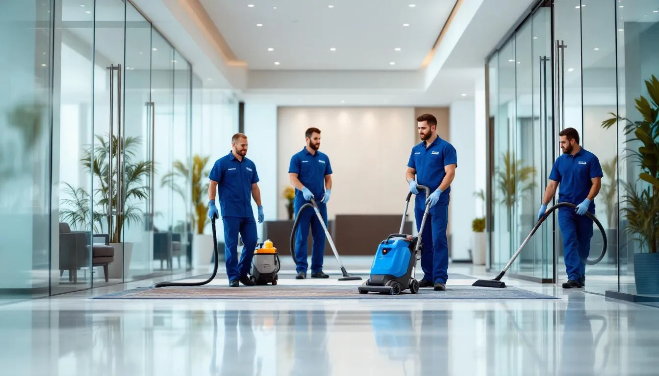 Commercial Rug Cleaning: Professional Services for Every Business Need 1 Two professional commercial carpet cleaning technicians are diligently working in a modern office lobby, using advanced cleaning methods to remove dirt and stains from the rugs and carpets. Their expertise ensures superior results, enhancing the cleanliness and appearance of high traffic areas in the office space.