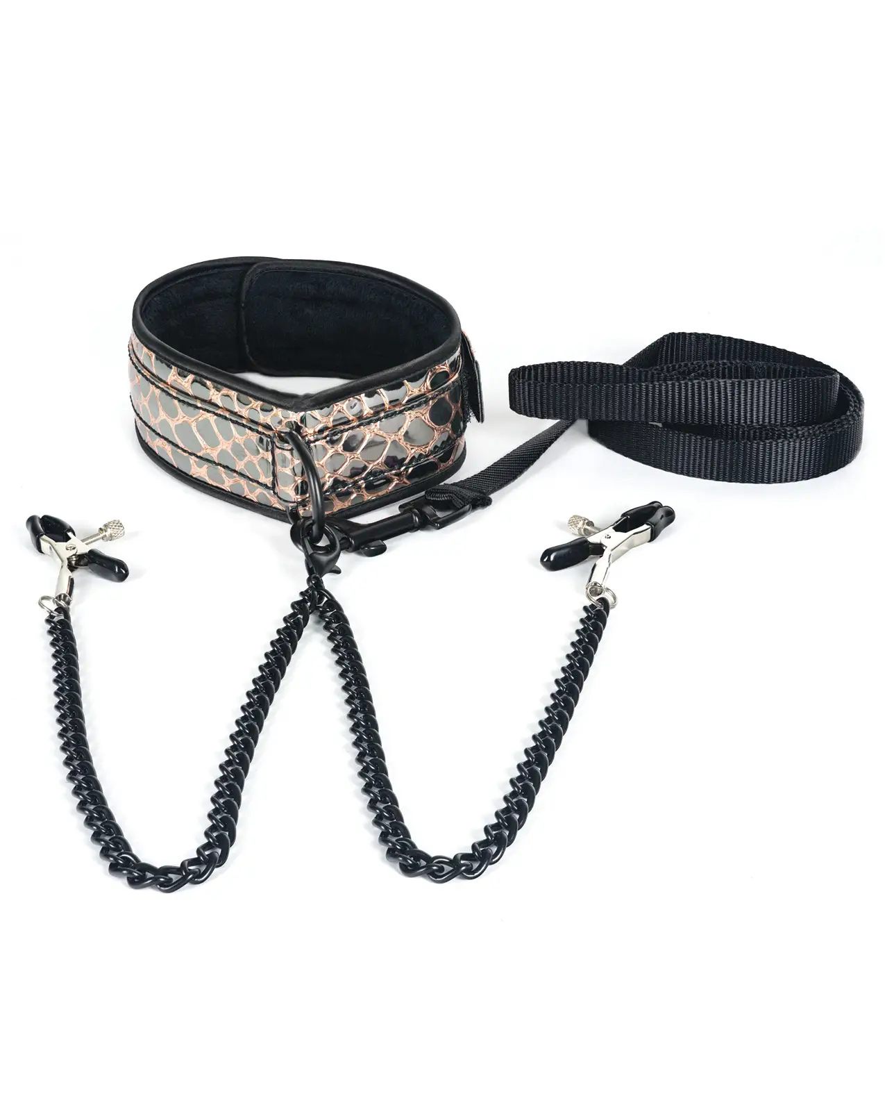 Spartacus Faux Leather Collar & Leash w/Black Nipple Clamps – Gold