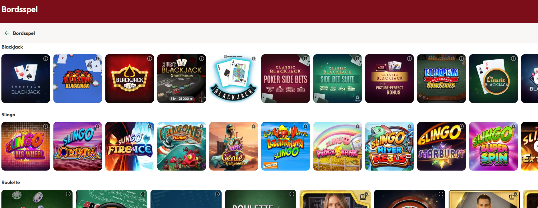 Casinostugans utbud av bordsspel med bland annat blackjack, Slingo och roulette.