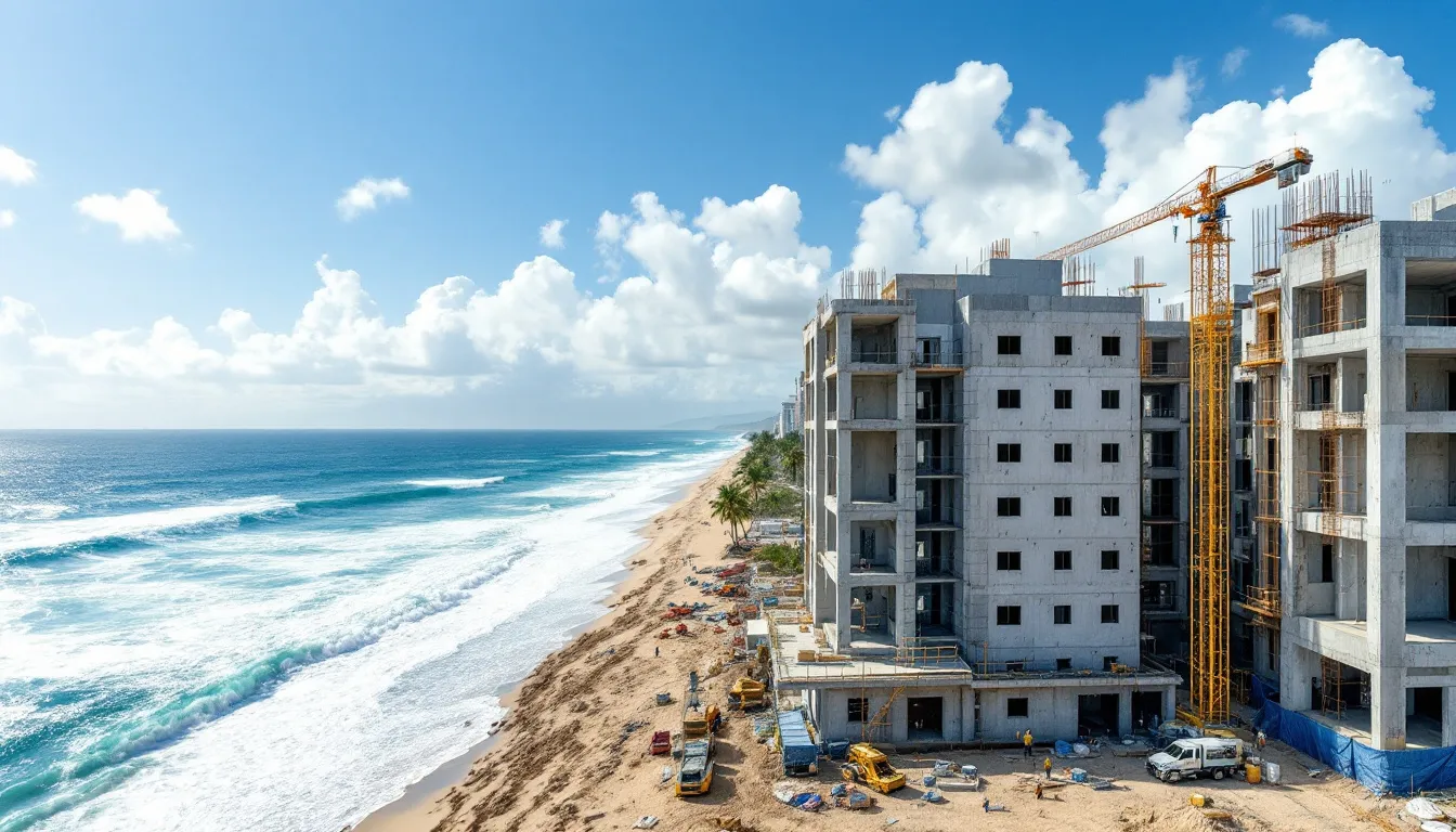Imagem de novos empreendimentos imobiliários em construção na orla de Itapema, destacando a infraestrutura moderna e a proximidade do mar. A cena retrata uma área em desenvolvimento, com terrenos e casas sendo erguidos, que visam atender ao turismo e lazer na região catarinense.