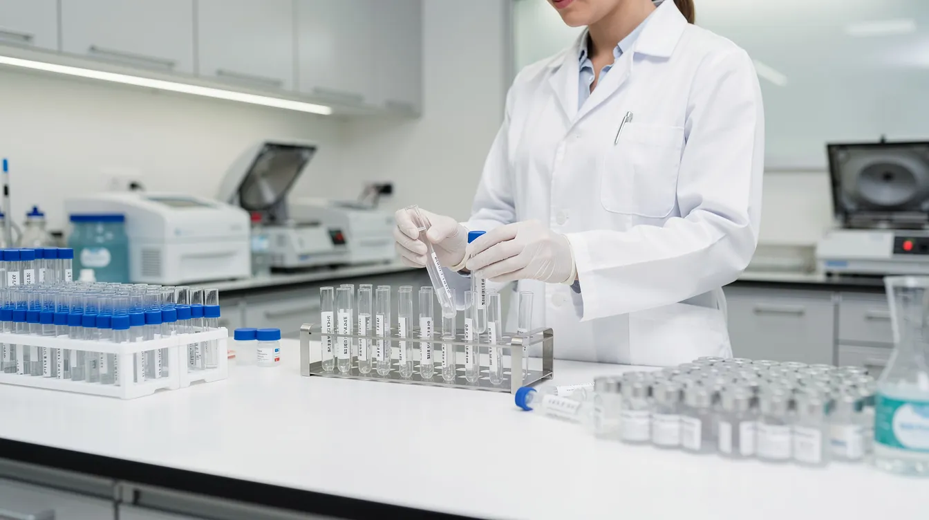 A person in a lab coat is carefully handling test tubes and sample containers in a clinical setting, likely conducting research on hemp-derived cannabinoids such as delta 8 THC and other cannabis products. The environment suggests a focus on lab testing and regulatory concerns related to hemp and CBD products.