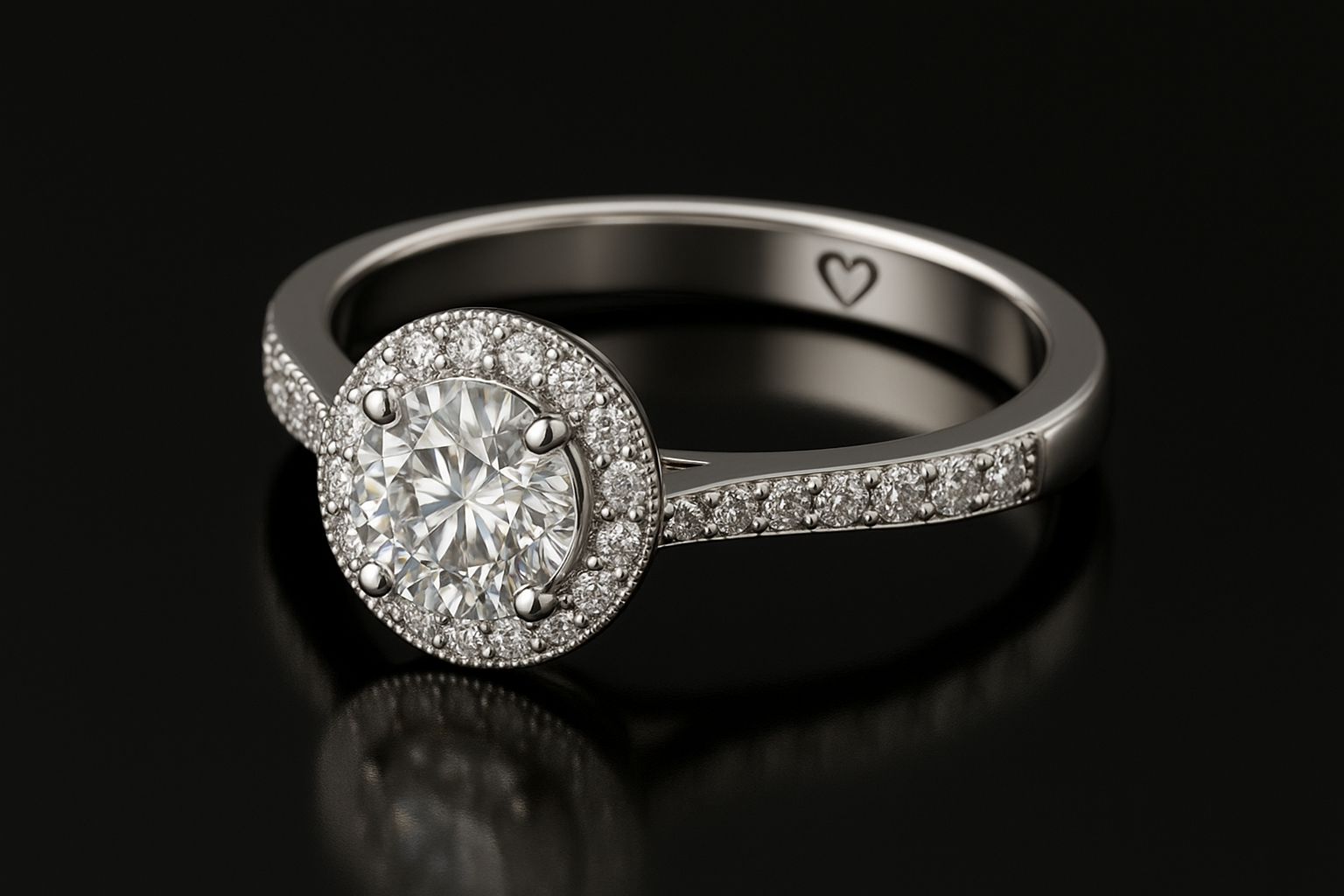 Baltas aukso halo dizaino sužadėtuvių žiedas su deimantu ir briliantų juosta, o vidinėje pusėje matyti subtiliai išgraviruota širdelė.