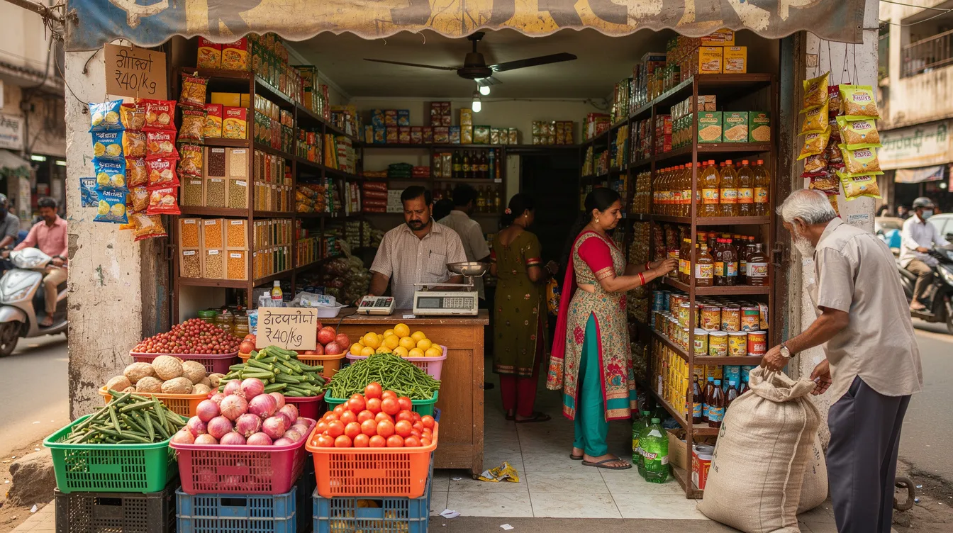 e7894d83 1527 4ca3 96ab 4d2bc3dc1937 The image depicts a small neighborhood grocery shop in an Indian city, bustling with customers browsing the shelves filled with various food items and household products. The scene captures the essence of local shopping, highlighting the community's everyday business activities.