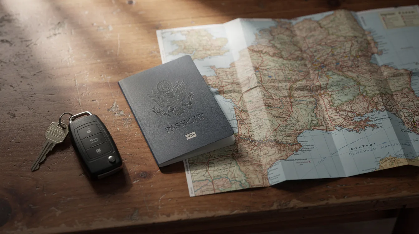 The image shows a passport, car keys, and a travel map arranged on a wooden table, symbolizing preparations for an international trip. This setup highlights the importance of having a valid driver's license or an international driving permit to drive legally in foreign countries.