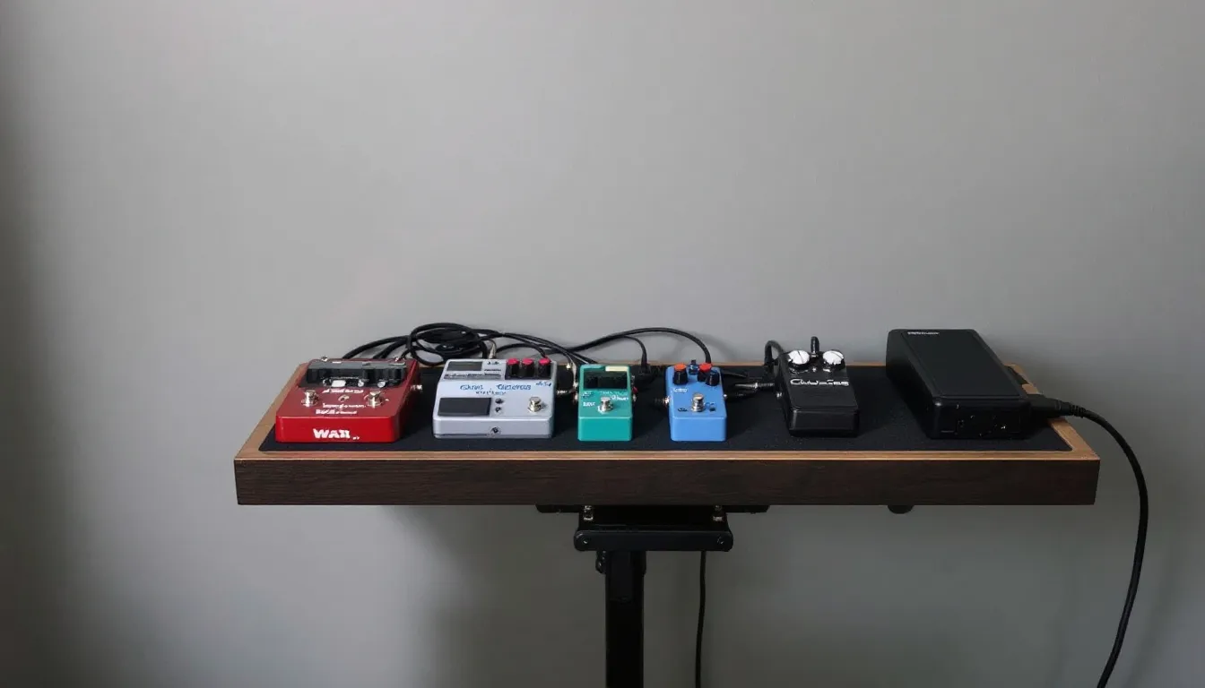 An intricately arranged musician's custom pedalboard featuring a variety of effect pedals, designed to enhance audio performance. The colorful pedals are neatly organized, showcasing the accessories that help musicians create unique sounds and match their artistic vision.