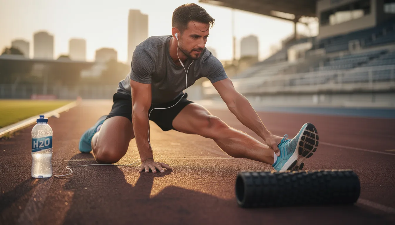 The image depicts a runner stretching after a workout, with a water bottle and foam roller positioned nearby, highlighting the importance of recovery in exercise training. This scene resonates with the ongoing research into the effects of nmn supplementation on endurance and aerobic capacity among amateur runners.