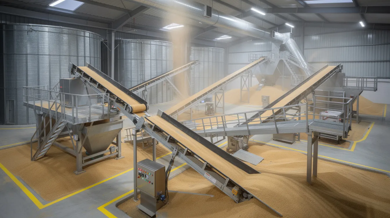 e78cd646 3744 4346 8061 6a9e760f883f The image depicts a modern grain handling conveyor system within a steel silo storage facility, showcasing efficient grain storage practices. This advanced infrastructure is designed to enhance operational efficiency and preserve superior grain quality while managing storage capacity effectively.