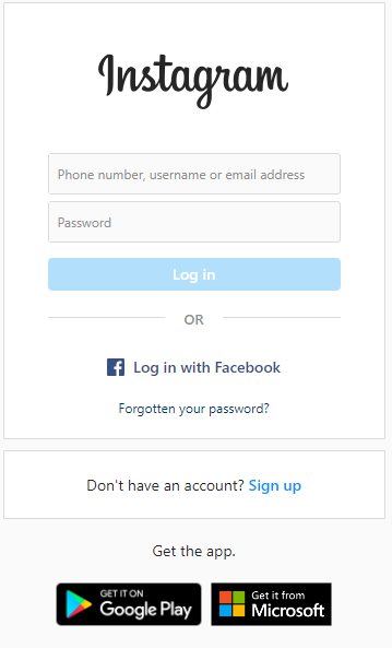 Screenshot of Instagram Account login page