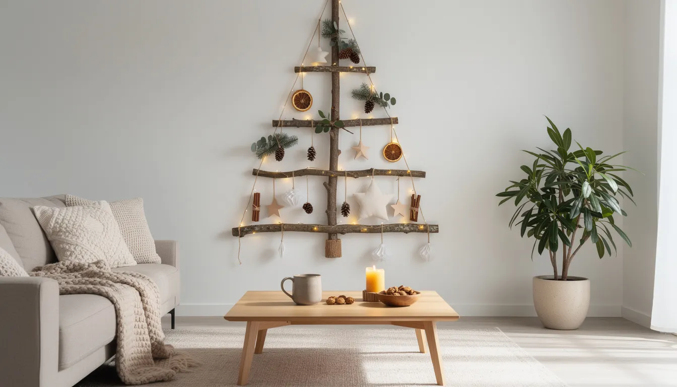 A creative alternative Christmas tree made from sticks and branches stands in a modern living room, adorned with handmade ornaments crafted from natural materials like dried flowers, cinnamon sticks, and pine cones. This eco-friendly holiday decor embodies sustainable practices, bringing a unique and festive touch to the holiday season.