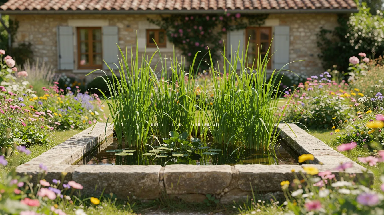 Un bassin rectangulaire rempli de roseaux verts est situé dans un jardin fleuri, tandis qu'une maison en pierre se dresse en arrière-plan, créant une ambiance paisible et naturelle. Ce cadre évoque des solutions d'assainissement telles que la microstation ou la fosse toutes eaux, intégrées harmonieusement dans l'environnement.