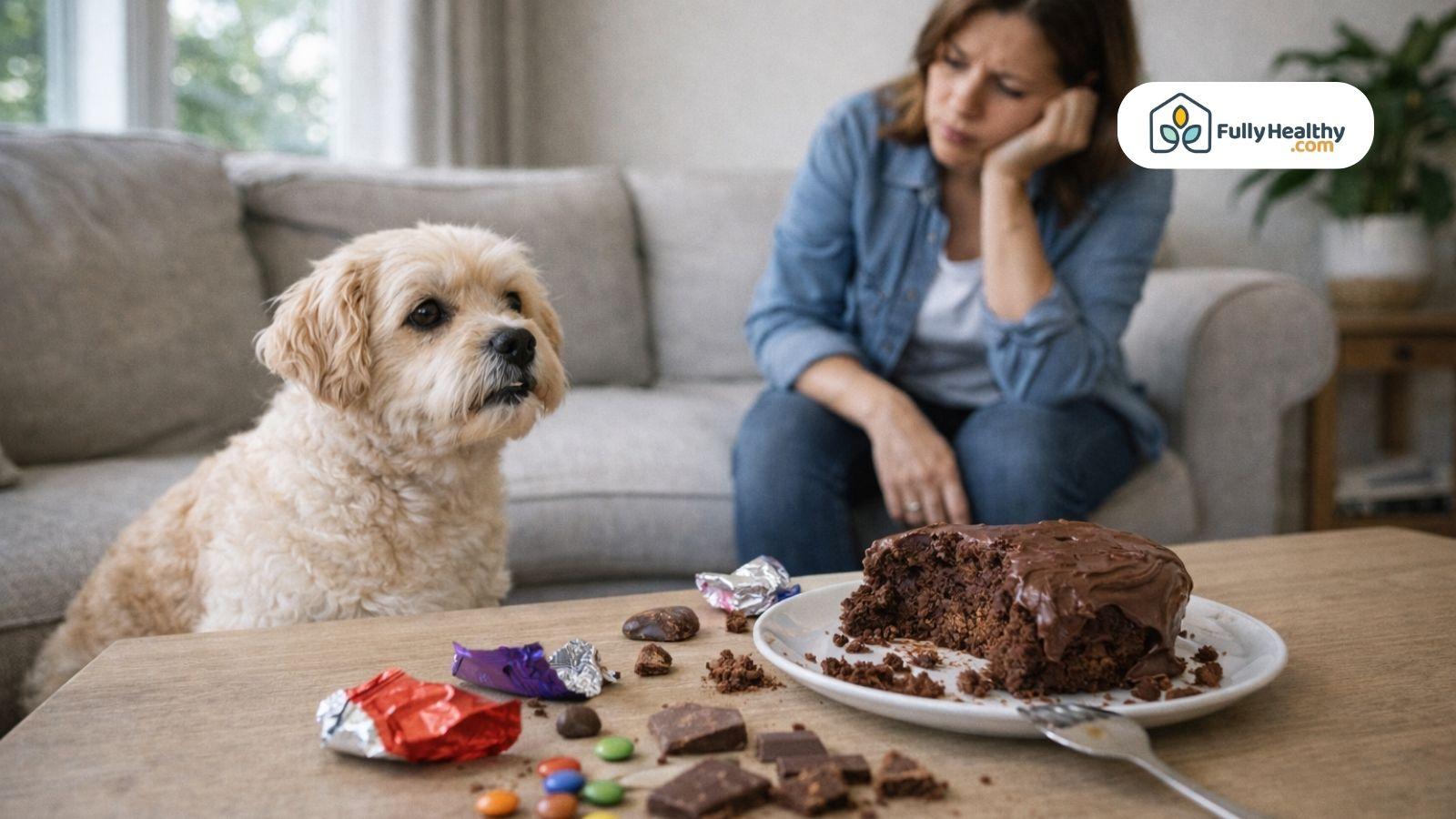 Dog beside chocolate cake and wrappers with concerned owner watching closely