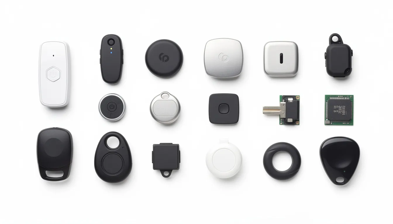 The image displays a variety of small electronic tracking devices, showcasing different sizes and shapes, commonly used in GPS tracking systems for monitoring vehicle or asset locations. These modern GPS trackers utilize satellite signals and cellular networks to provide precise location data for applications such as fleet management and personal safety.