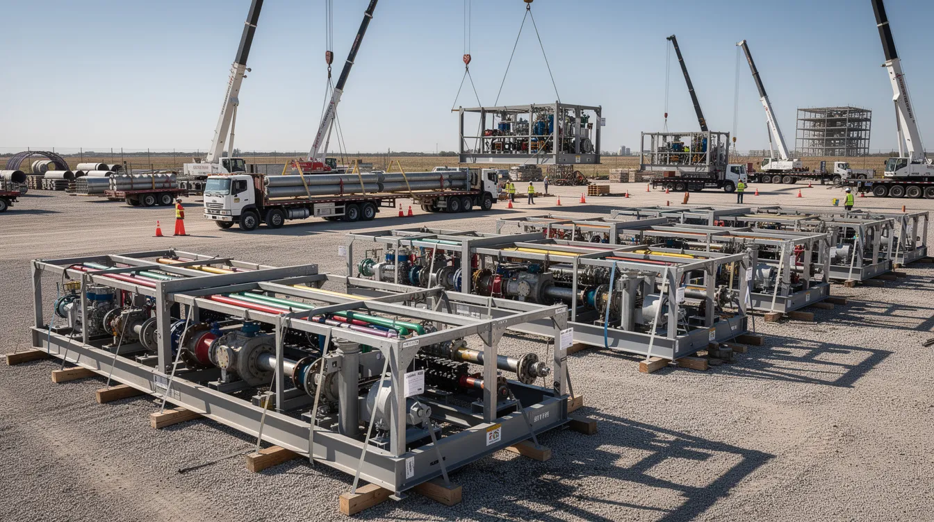 The image depicts a construction laydown yard in Central Texas, featuring prefabricated mechanical equipment and pipe racks, with trucks and cranes visible in the background, highlighting the ongoing industrial construction and expansion of data centers in the region. This scene reflects the tremendous growth and industrial demand driven by digital infrastructure projects in areas like San Antonio and Austin.