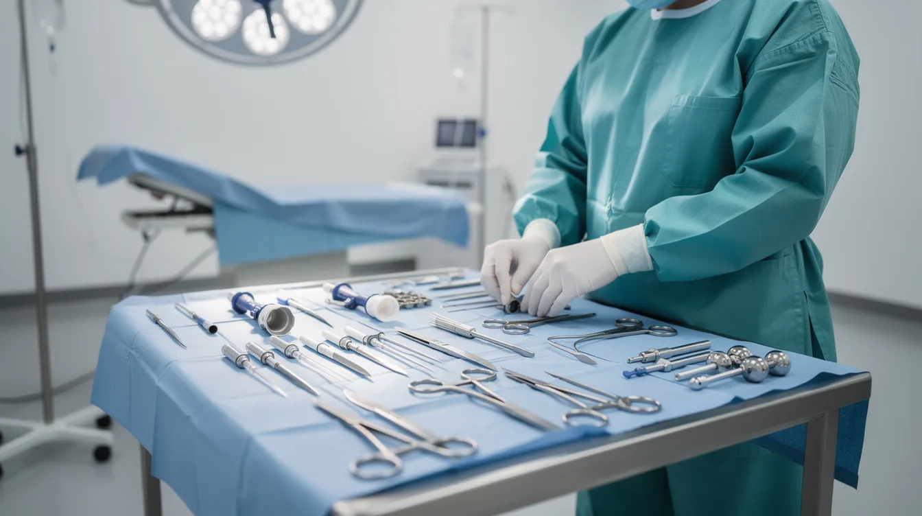 A surgeon is meticulously preparing sterile instruments for a cosmetic body contouring surgery, specifically a Brazilian butt lift (BBL) procedure. The setup includes tools designed for liposuction and fat transfer, aimed at achieving optimal results in reshaping the buttock area while prioritizing patient safety and overall health during the recovery process.