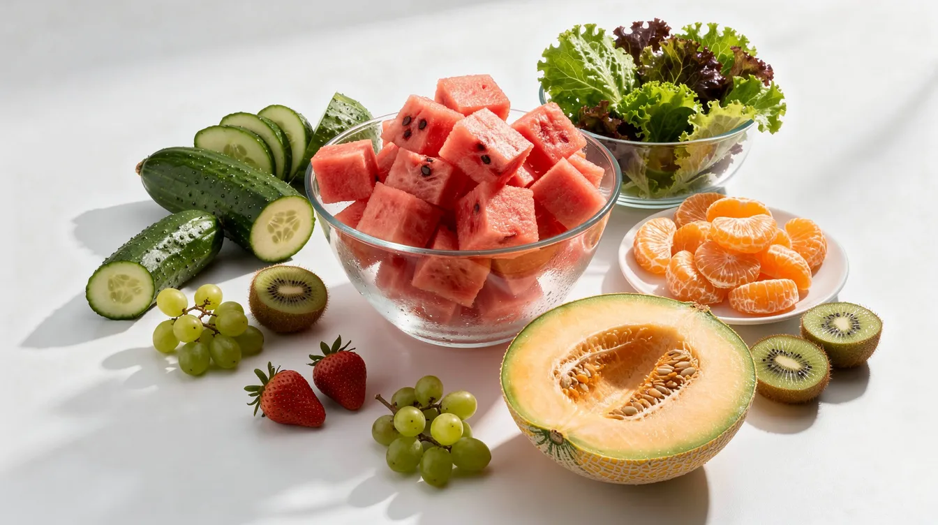 The image features an assortment of hydrating foods, including juicy fruits and vegetables that help maintain proper hydration levels. These foods are essential for replenishing lost electrolytes and supporting body function, especially after a sauna session.