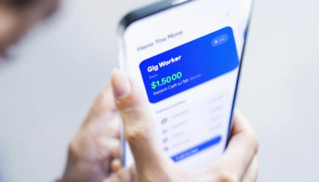 A smartphone displays a gig worker payment dashboard featuring earnings, instant cash out options, and various payment services, illustrating how embedded finance solutions can enhance the financial experience for users. The interface highlights seamless integration of financial services, catering to the needs of modern consumers and gig workers.
