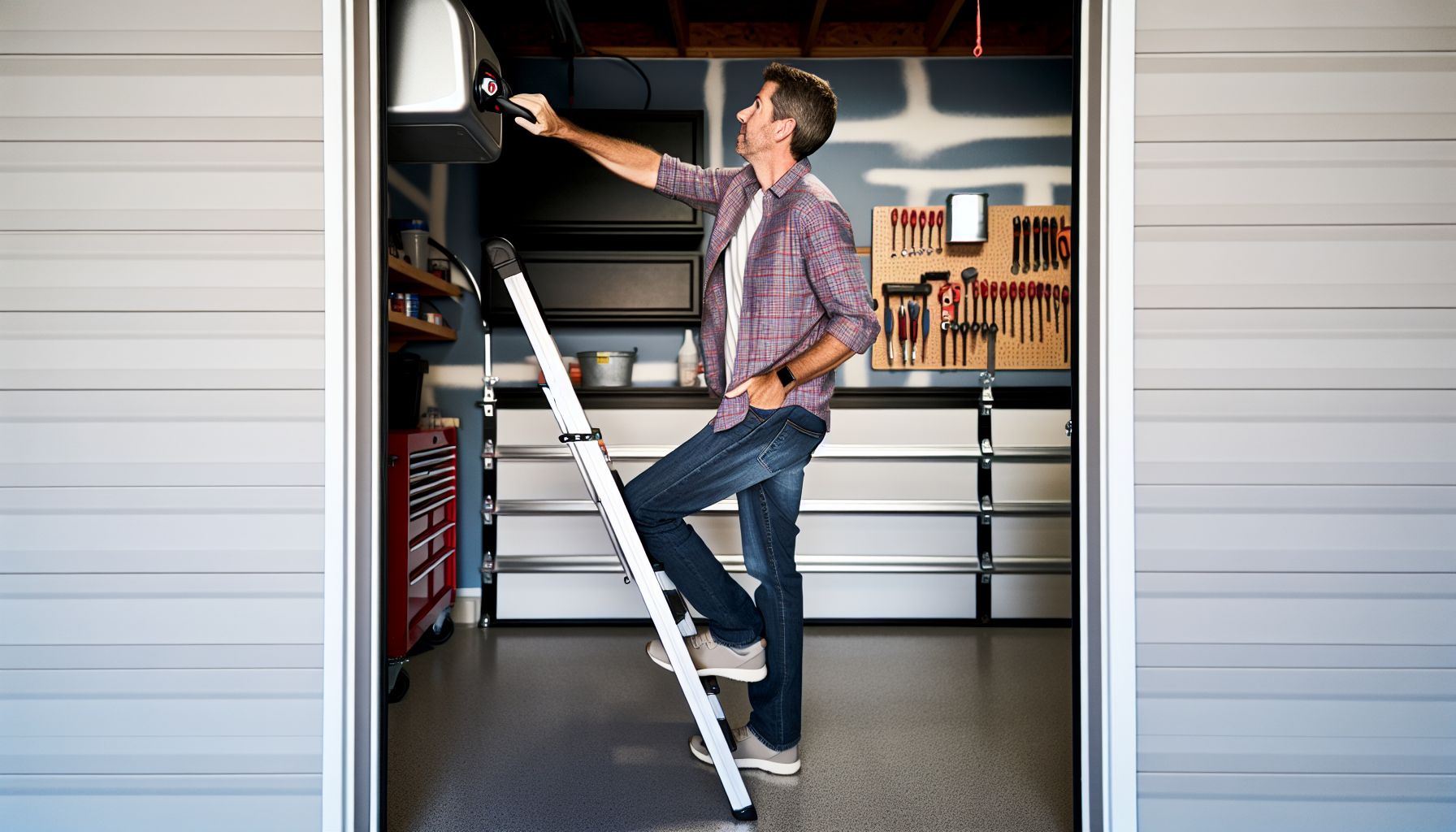 Person accessing garage door opener with a ladder