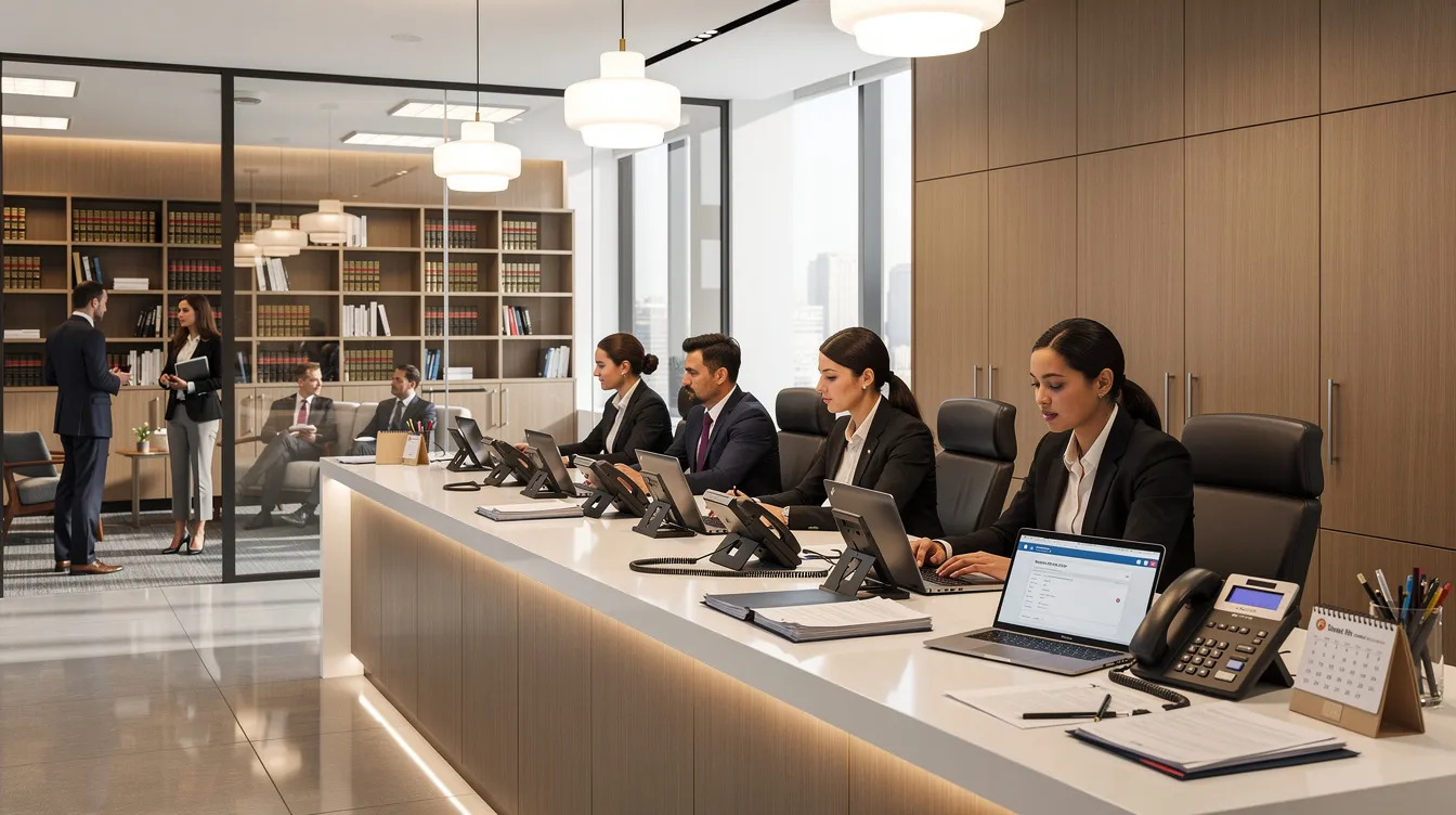 The image depicts a busy law office reception area featuring multiple desks equipped with phones and laptops, where legal professionals manage incoming calls and client interactions. This environment highlights the importance of virtual receptionist services and efficient administrative tasks in law firms, ensuring high client satisfaction and effective handling of legal inquiries.