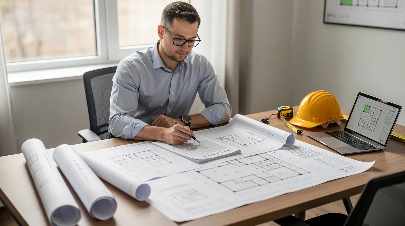 A person is seated at a desk, intently reviewing construction contract documents while blueprints are spread out in front of them. This scene highlights the importance of understanding contract terms, such as termination clauses and obligations, in the construction industry.