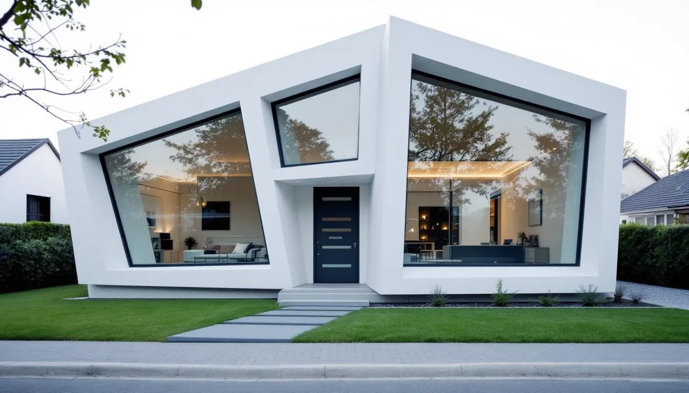 Een modern huis met strakke kunststof kozijnen in hoekige vorm, die een robuuste uitstraling hebben en geschikt zijn voor nieuwbouw. De k vision cube kozijnen zijn onderhoudsarm en bieden een lange levensduur, met rechte hoeken en een complete houtlook voor een stijlvolle afwerking.