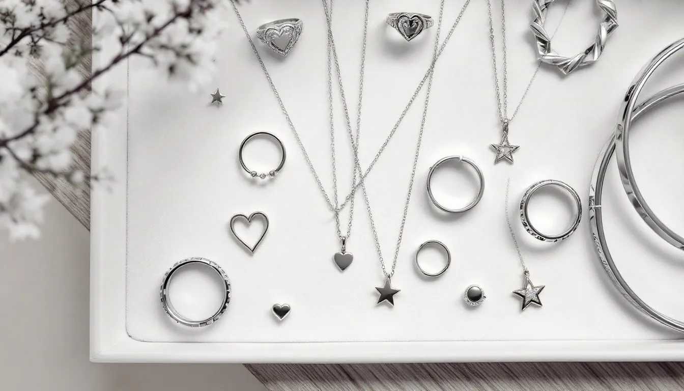 In this image, a stylish display of various pieces of sterling silver jewellery is showcased, including silver earrings, a chain bracelet, and a heart pendant adorned with cubic zirconia. The collection features a full range of designs, highlighting the elegance and versatility of silver fashion jewelry for women.
