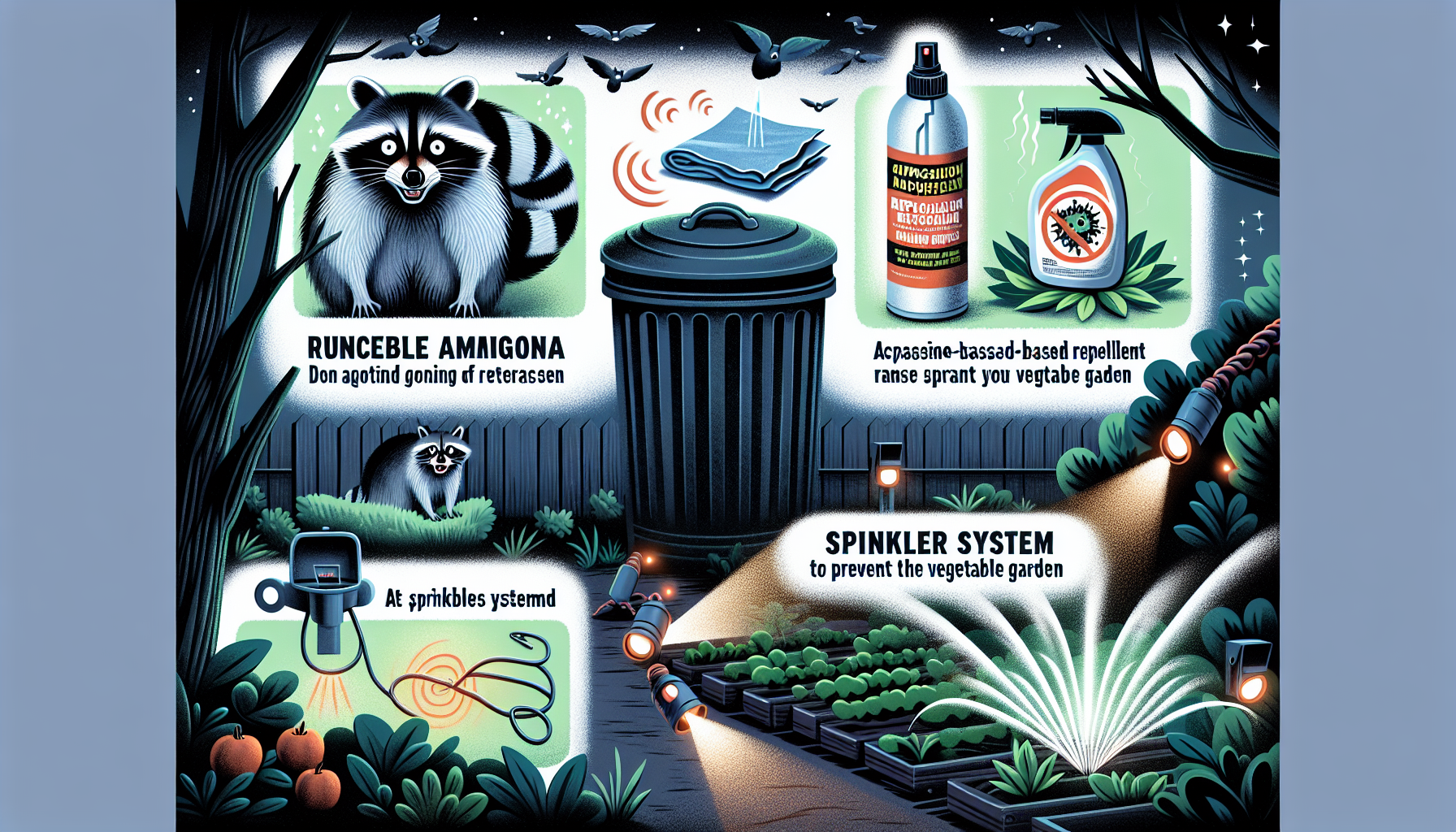 Illustration of deterrents and repellents for preventing raccoon infestations