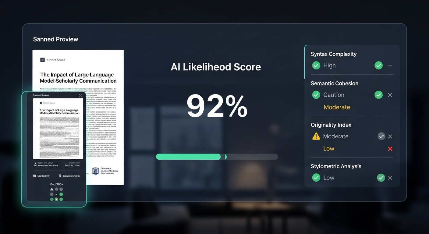 Digital interface showing AI likelihood score after scanning an academic paper