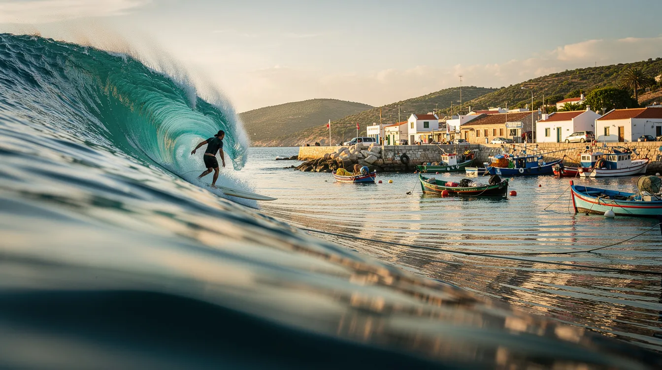 A longboarder gracefully rides an extremely long wave near a small harbor, where fishing boats are anchored, showcasing the vibrant local culture of Morocco's surf scene. The scene captures the relaxed atmosphere of this surfer's paradise, ideal for both experienced and beginner surfers seeking consistent waves.