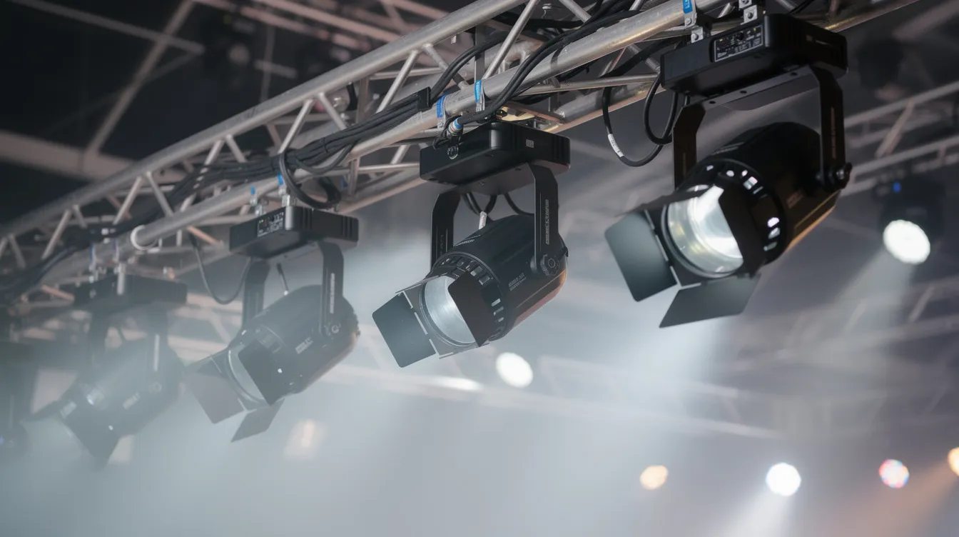 The image showcases a close-up view of professional stage lighting fixtures mounted on a truss above an event stage, highlighting the creativity and power of lighting in event production. This setup is essential for creating unforgettable experiences at corporate and virtual events, ensuring that audiences are captivated and engaged.