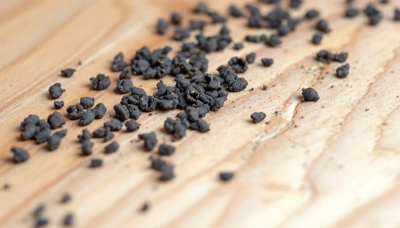 A close-up view shows rodent droppings and gnaw marks on a surface, indicating potential rodent activity during a professional inspection for pest control. This image highlights the signs of a rodent infestation, which can pose health risks and damage property if not addressed by effective rodent removal services.
