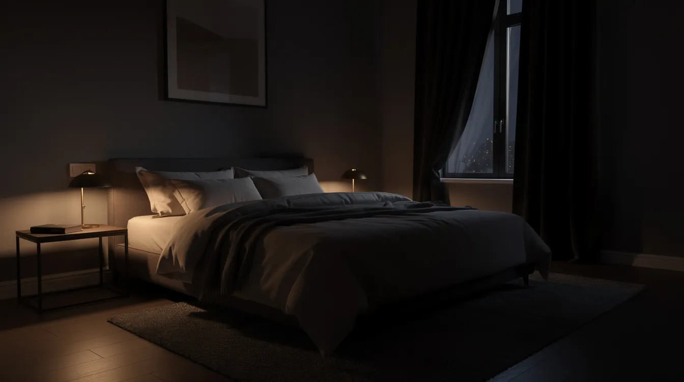 The image depicts a calm, dark bedroom featuring soft bedding and minimal furniture, creating a serene environment ideal for relaxation. This tranquil setting can help individuals with chronic pain find the right sleep position for a good night&rsquo;s sleep, promoting better sleep quality and reducing sleep disturbances.