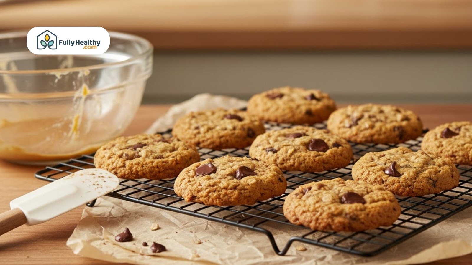 Freshly baked chocolate chip cookies cooling on wire rack with bowl in background