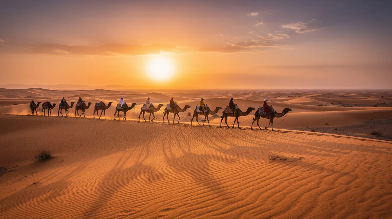 A camel caravan traverses the golden sand dunes of the Sahara at sunset, casting long shadows across the landscape, creating a breathtaking scene that captures the essence of an amazing trip to Morocco. This picturesque moment highlights the adventure and beauty of exploring the desert, a must-see for travelers on a private tour or with local tour operators.