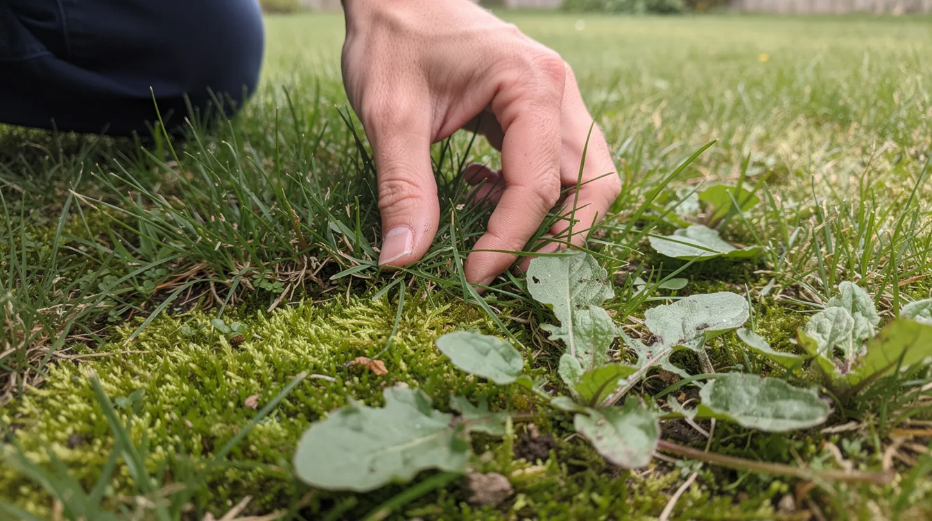 A person is crouching down to closely inspect a patch of green lawn grass, revealing areas of moss growth and lawn weeds interspersed among the blades. This scene highlights the importance of lawn care, including treatments for weed control and maintaining a healthy lawn.