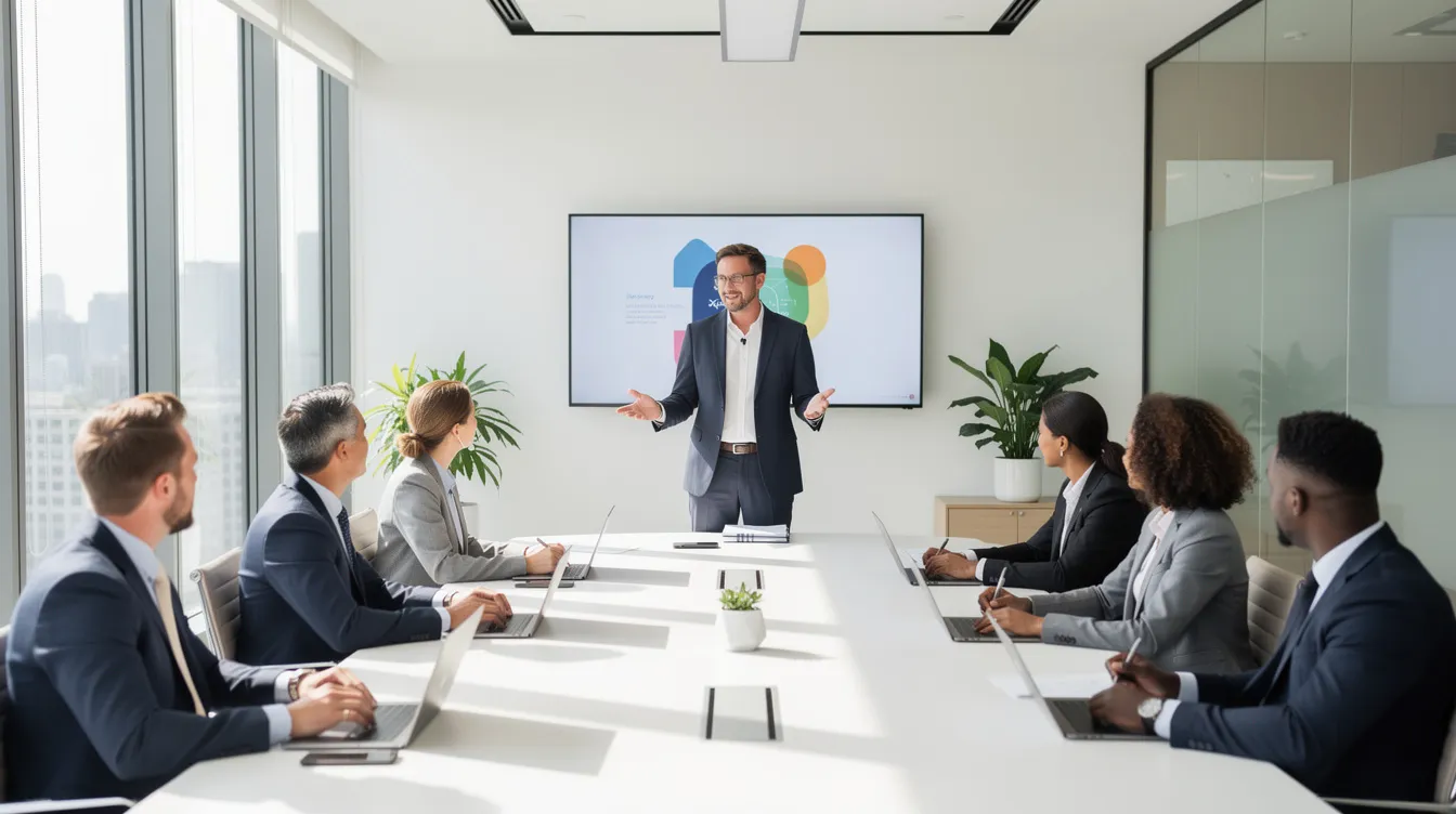 Un leader charismatique s'adresse à un groupe diversifié de professionnels dans une salle de réunion moderne et lumineuse, illustrant les qualités d'un bon leader, telles que la communication et l'écoute. Les collaborateurs semblent attentifs, engagés dans un échange constructif sur les objectifs et la vision de l'entreprise.