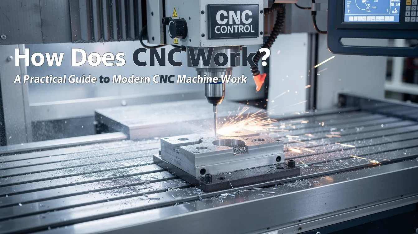 The image depicts a modern CNC machine in a manufacturing setting, showcasing various types of CNC tools such as milling machines and CNC lathes. It illustrates the computer numerical control (CNC) machining process, emphasizing the precision and efficiency of cutting tools used to create complex geometries in metal fabrication.