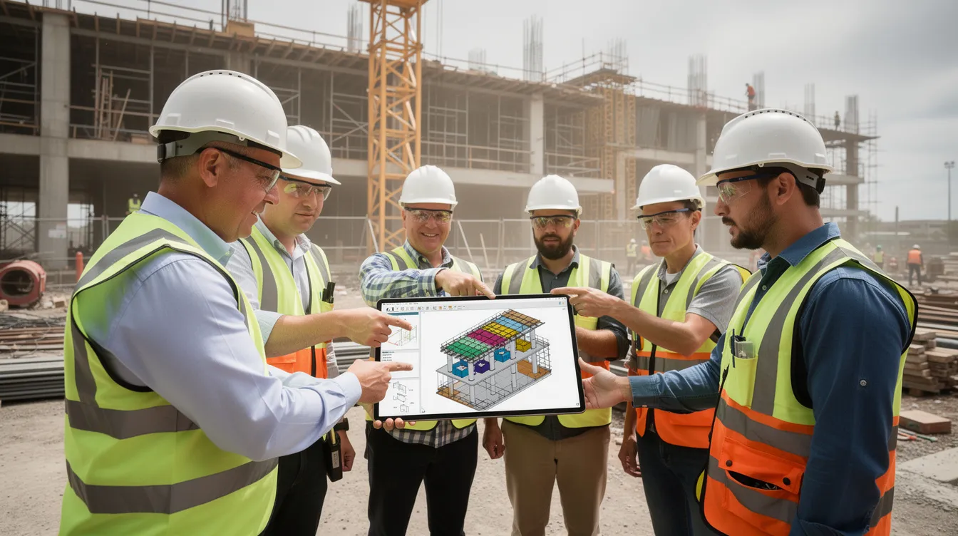 Ein Bauteam vergleicht ein Tablet-basiertes BIM-Modell mit den realen Gegebenheiten auf der Baustelle, was die Integration von Architekturentwurf und Projektmanagement während der Bauphase verdeutlicht. Dieser kollaborative Ansatz steigert die Effizienz und verbessert die Entscheidungsfindung, indem er Architekten und Projektmanagern ermöglicht, potenzielle Risiken und Koordinationsprobleme effektiv anzugehen.
